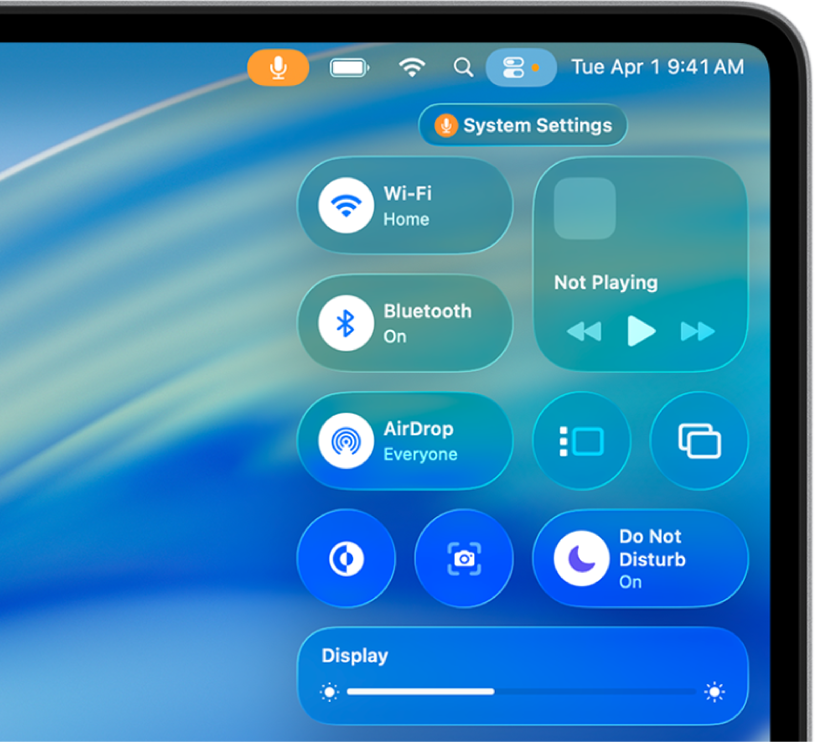 ศูนย์ควบคุมที่มุมขวาบนสุดของหน้าจอ Mac ซึ่งแสดงตัวควบคุมสำหรับ Wi-Fi, โฟกัส และตัวจัดการให้อยู่ตรงกลาง รวมถึงตัวควบคุมอื่นๆ