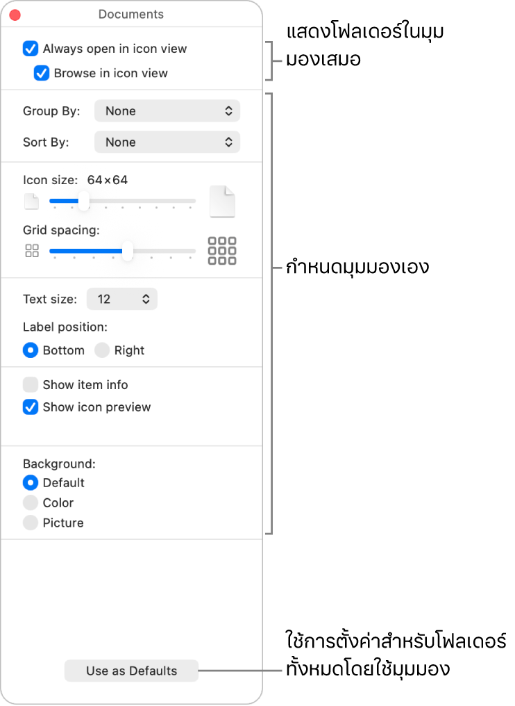 ตัวเลือกมุมมองไอคอนสำหรับโฟลเดอร์