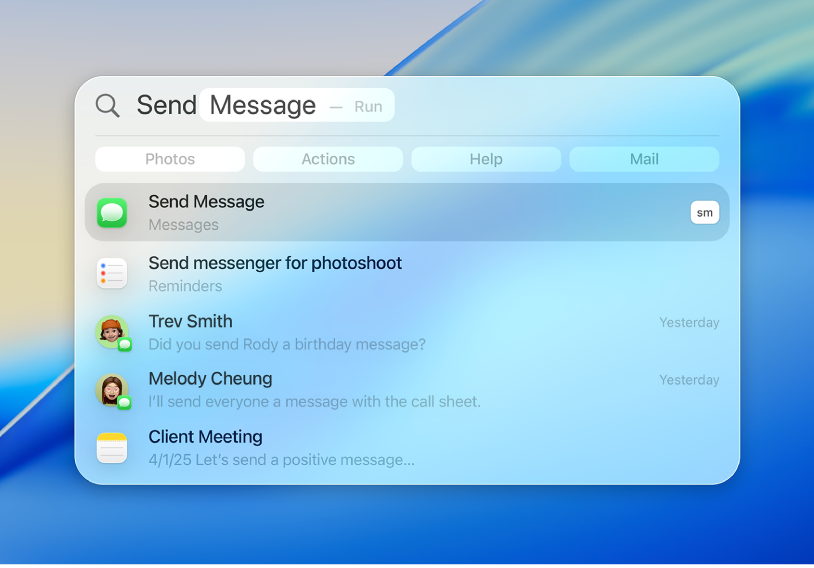 หน้าต่างค้นหาโดย Spotlight ที่มีผลการค้นหาที่ด้านล่างช่องค้นหา