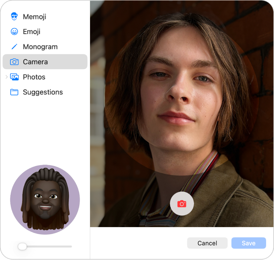 Kenar çubuğunda Kamera seçili ve vizörde poz veren bir kişi ile Apple Hesabı resmi seçenekleri.