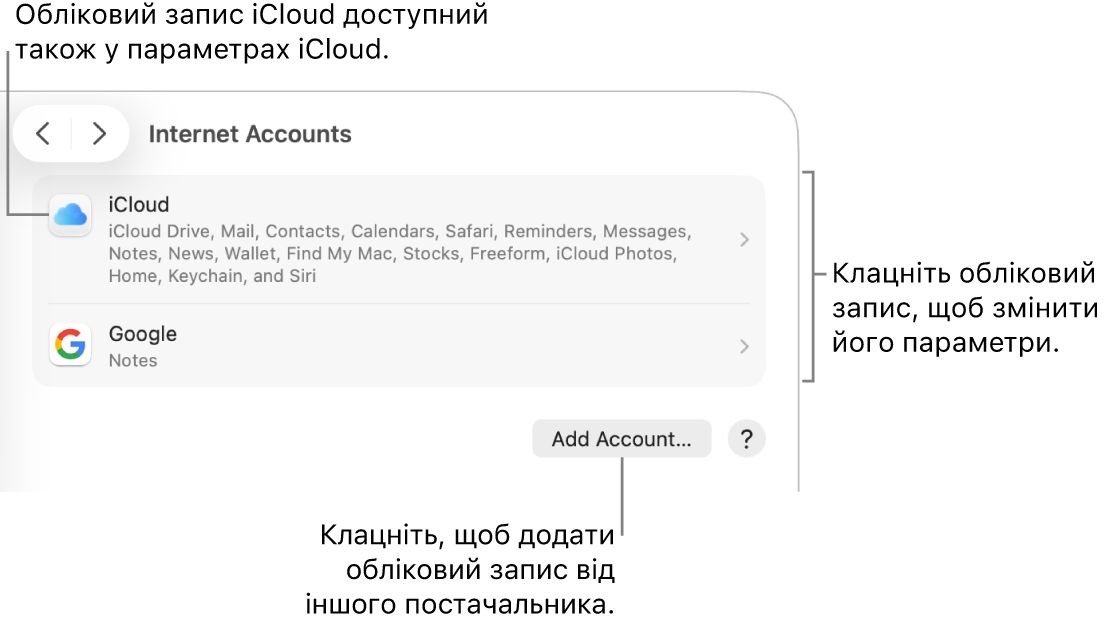 Параметри «Інтернет-записи» зі списком записів, налаштованих на комп’ютері Mac.