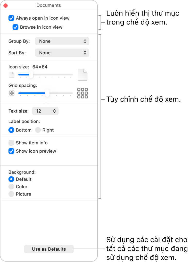 Tùy chọn xem Biểu tượng cho thư mục.