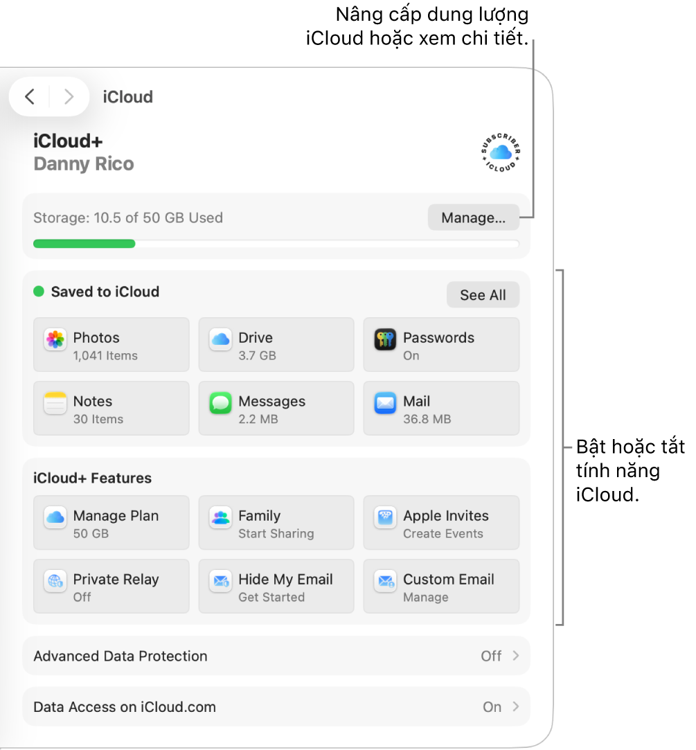 Cài đặt iCloud cho các tính năng được sử dụng thường xuyên nhất.