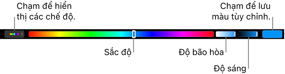 Touch Bar đang hiển thị các thanh trượt sắc độ, độ bão hòa và độ sáng cho chế độ HSB. Ở đầu bên trái là nút để hiển thị tất cả các chế độ; ở đầu bên phải là nút để lưu màu tùy chỉnh.