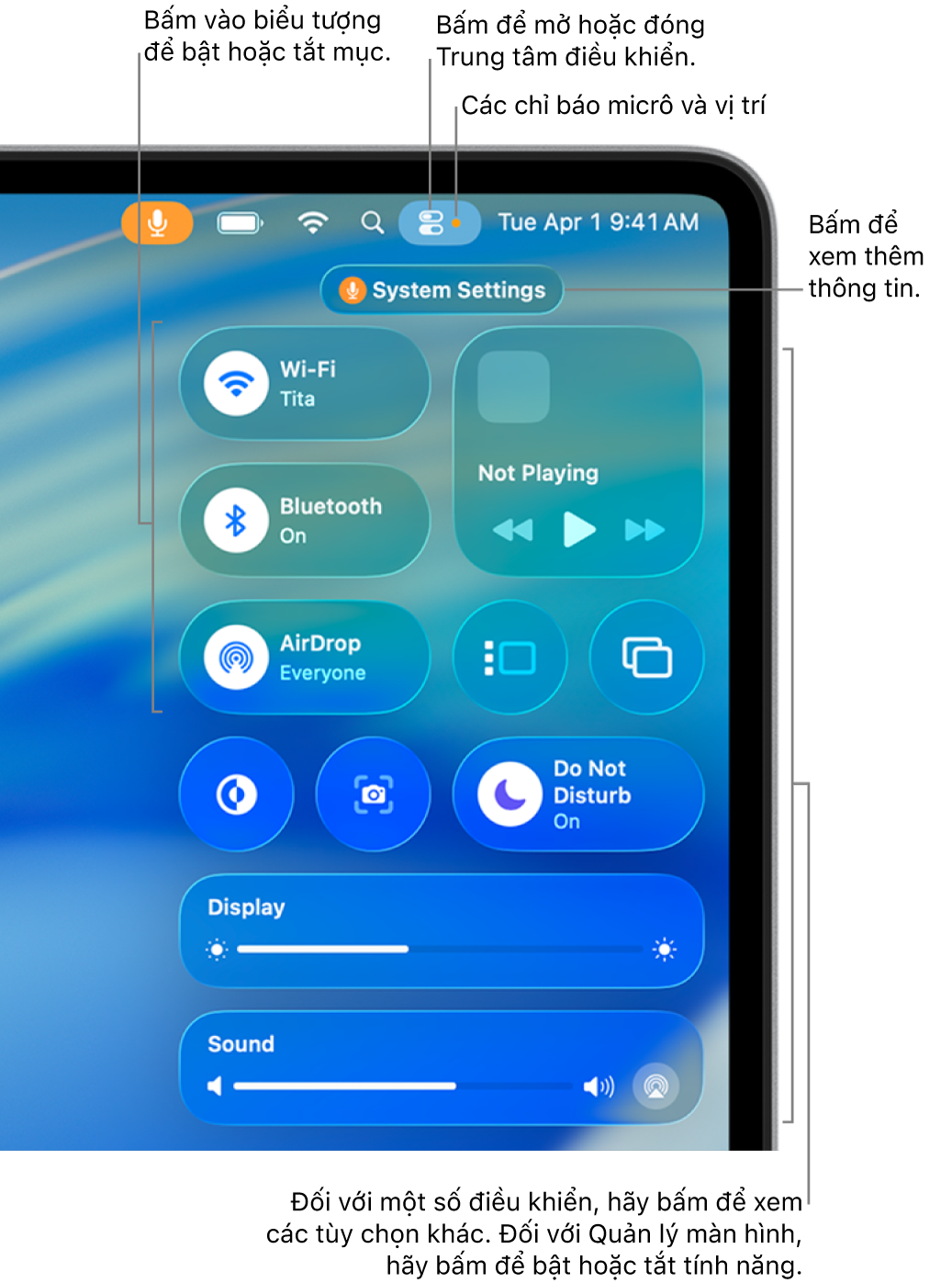Trung tâm điều khiển ở phần trên cùng bên phải của màn hình, đang hiển thị các điều khiển cho Wi-Fi, chế độ Tập trung, Âm thanh và Đang phát, giữa những điều khiển khác.