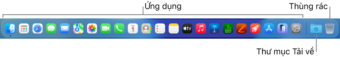 Dock đang hiển thị các biểu tượng cho các ứng dụng, thư mục Tải về và Thùng rác.