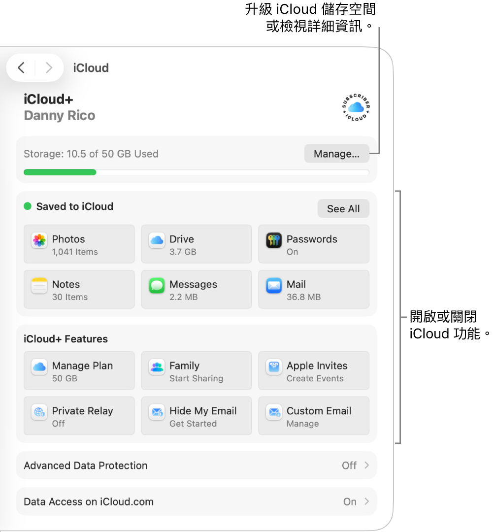 最常使用的功能的 iCloud 設定。