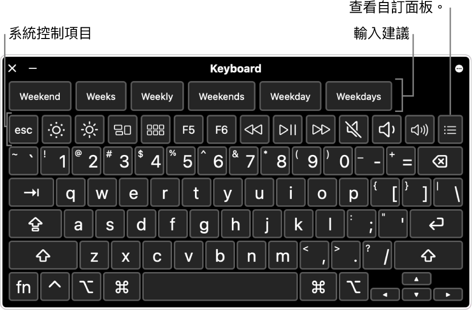 橫跨最上方是輸入建議的「輔助使用鍵盤」。以下是一列系統控制項目的按鈕,可執行像調整顯示器亮度和顯示自訂面板等操作。