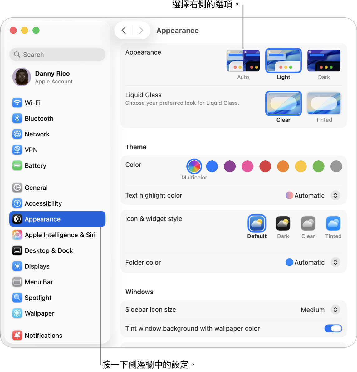 「系統設定」視窗，已在側邊欄中選取「外觀」設定，右側為「外觀」選項。