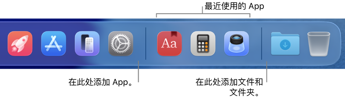 程序坞的一部分，显示 App、最近使用的 App 以及文件和文件夹之间的分隔线。