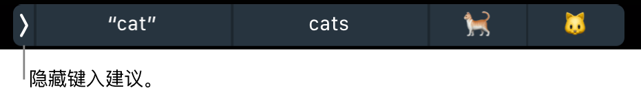 显示字词和表情符号的键入建议,以及左侧用来隐藏键入建议的按钮。