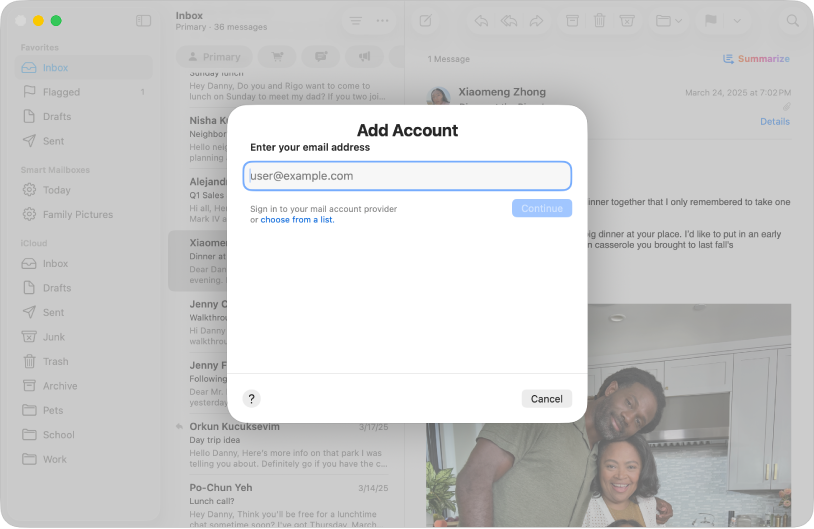 نافذة في تطبيق البريد يظهر بها مربع حوار الحساب.
