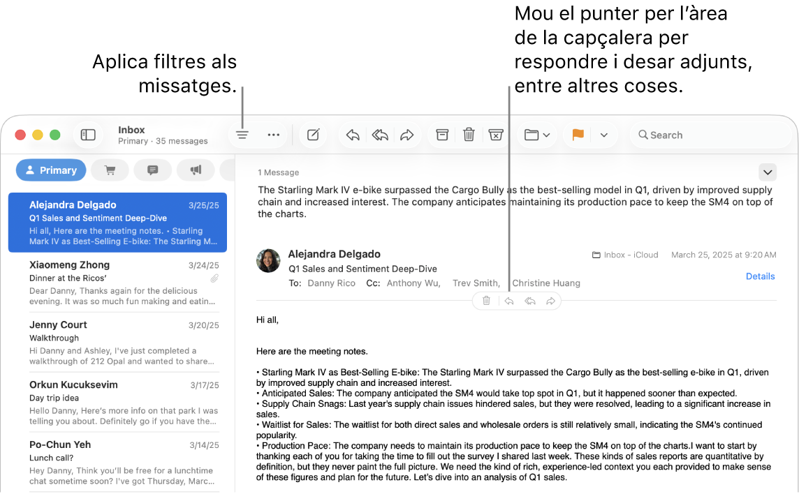 La finestra del Mail. A la barra d’eines, fes clic al botó “Filtra” per aplicar filtres de missatges. Per veure els botons per respondre, desar adjunts, etc., mou el punter per sobre de l’àrea de la capçalera d’un missatge.