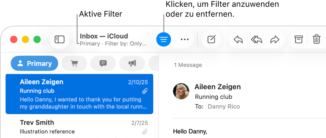 Das Fenster von Mail mit der Symbolleiste über der E-Mail-Liste, in der Mail die angewendeten Filter wie zum Beispiel „Nur E-Mails mit Anhang“ anzeigt.