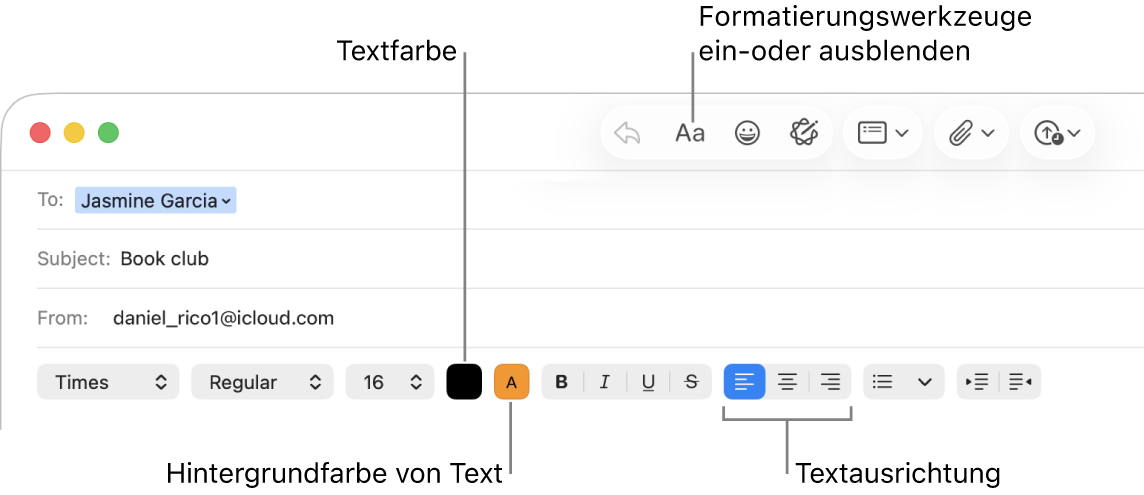 Die Optionen für die Symbolleiste und die Formatierung im Fenster für eine neue Nachricht mit den Tasten für die Textfarbe, die Hintergrundfarbe und die Textausrichtung.