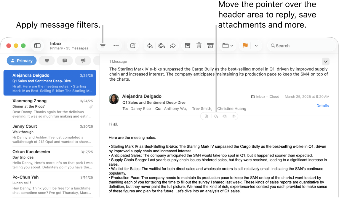 The Mail window. Click the Filter button in the toolbar to apply message filters. To reveal buttons for replying, saving attachments and more, move the pointer over the header area of a message.