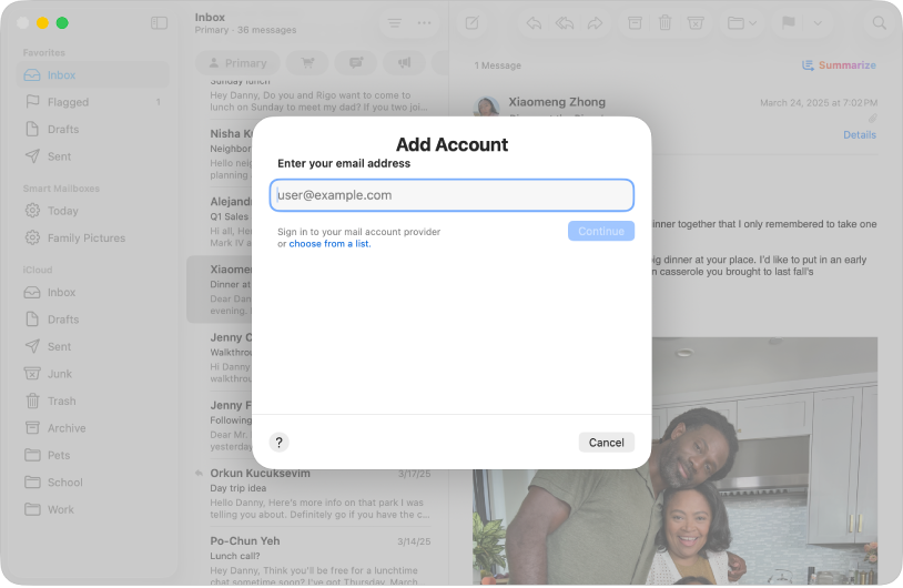 Jendela Mail menampilkan dialog akun.