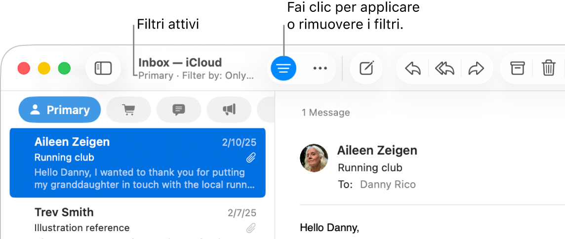 La finestra di Mail mostra la barra strumenti sopra l’elenco dei messaggi, dove Mail indica quali filtri vengono applicati, ad esempio, “Solo email con allegati”.