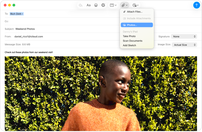 「メール」ウインドウ。メールと、「写真ブラウザ」メニューオプションが表示されています。