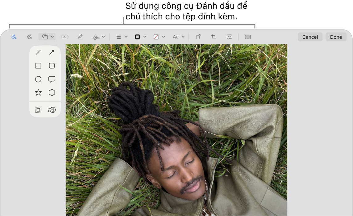 Tệp đính kèm với thanh công cụ Đánh dấu ngang đầu.