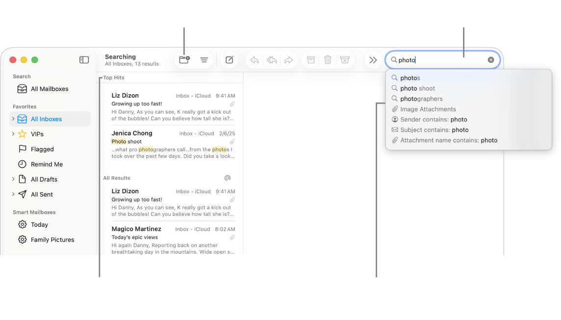 搜尋的信箱會在側邊欄中反白顯示。你可以在搜尋欄位中輸入或貼上文字,或者從郵件拖移電子郵件地址。當你輸入時,建議會顯示在搜尋欄位下方。它們會整理成類別,如「標題」或「附件」,視你的搜尋文字而定。「最佳搜尋結果」會優先顯示最相關的結果。