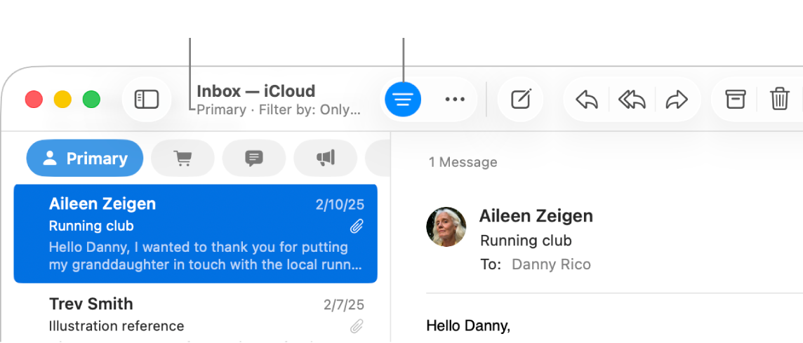 「郵件」視窗,郵件列表上方顯示工具列,「郵件」在此顯示套用的過濾條件有哪些,例如「只限有附件的郵件」。