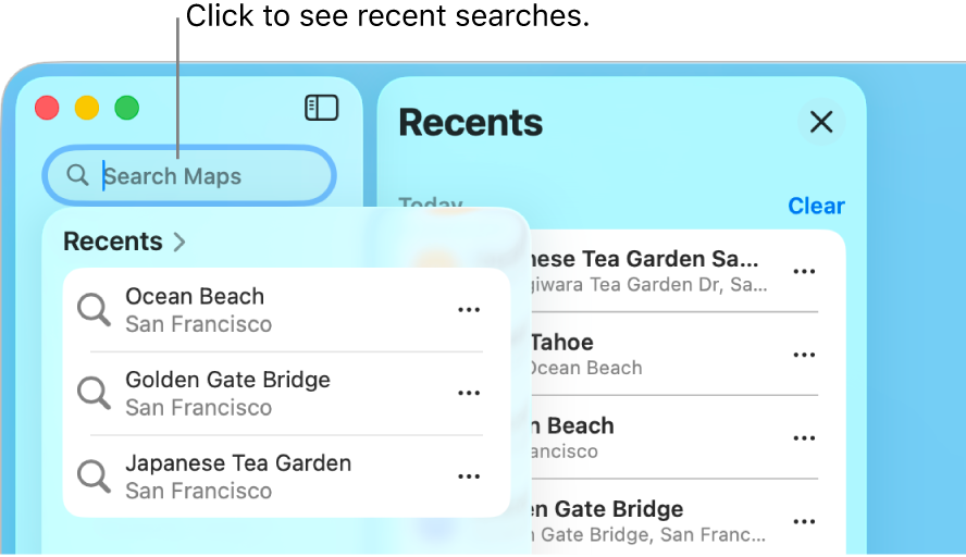 The search field in the upper left, with several recent searches shown below.