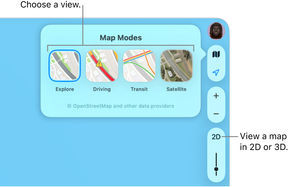 The Map button has been clicked and four map views are available: Explore, Driving, Transit, and Satellite.