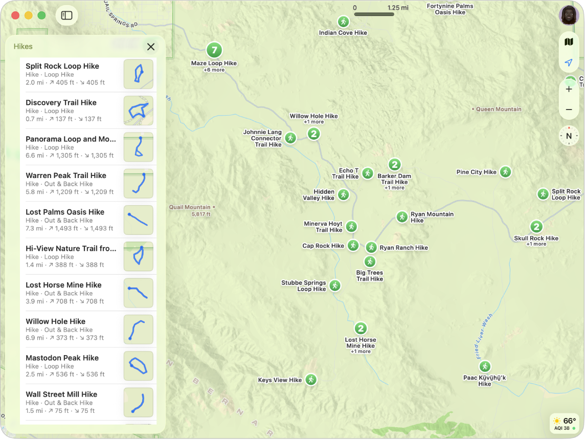 A map of a national park, showing search results for hiking trails in a list at the left and labeled on the map itself.