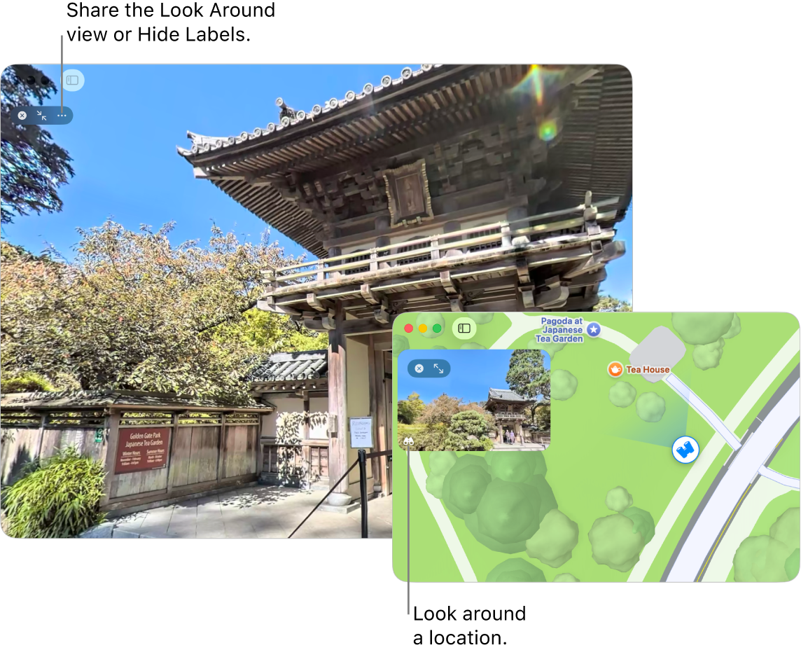 An interactive 360-degree view of a local attraction in San Francisco, with a 3D map in the lower-right corner.