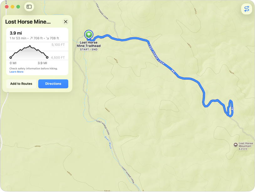 A topographic map of a trail showing its length, elevation gain and loss, and route.