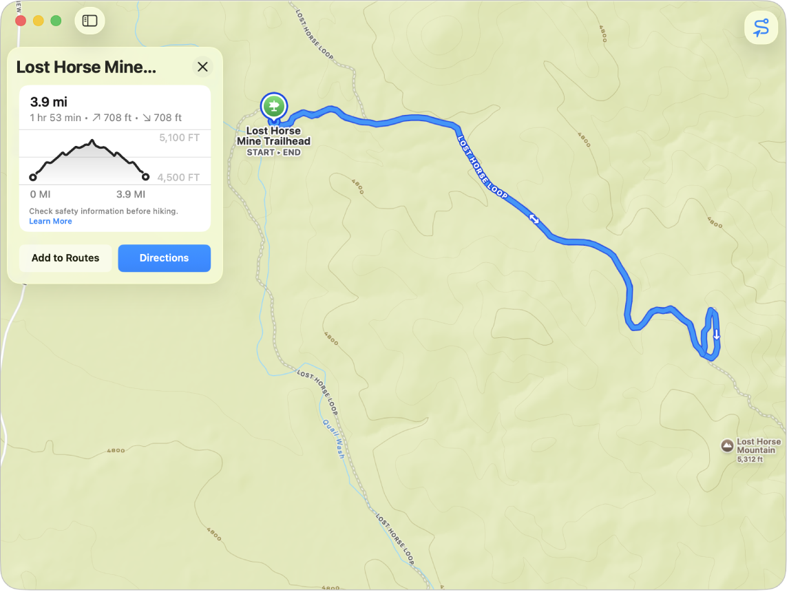 A hiking map, showing its length (in distance and time) and elevation gain and loss.