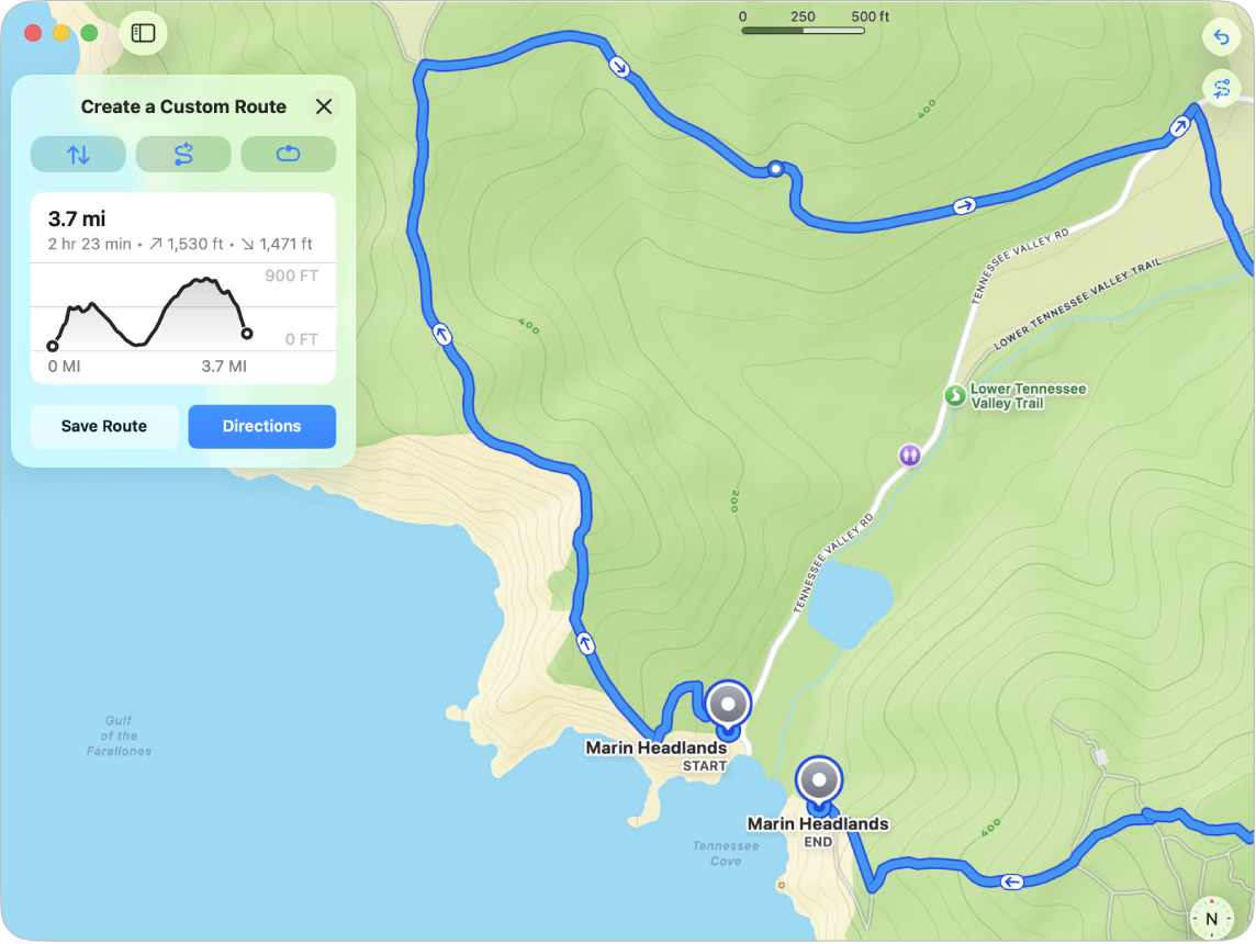 A map of a customized hiking route, with buttons to reverse or complete the hike, total length in distance and time, and elevation gain and loss.