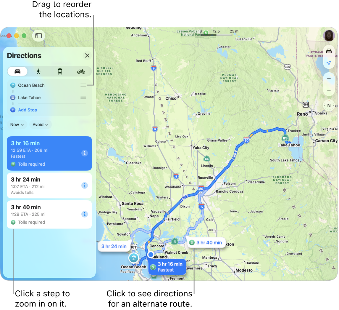 A map of the San Francisco area with directions for a driving route between two locations. Alternate routes are also shown on the map.