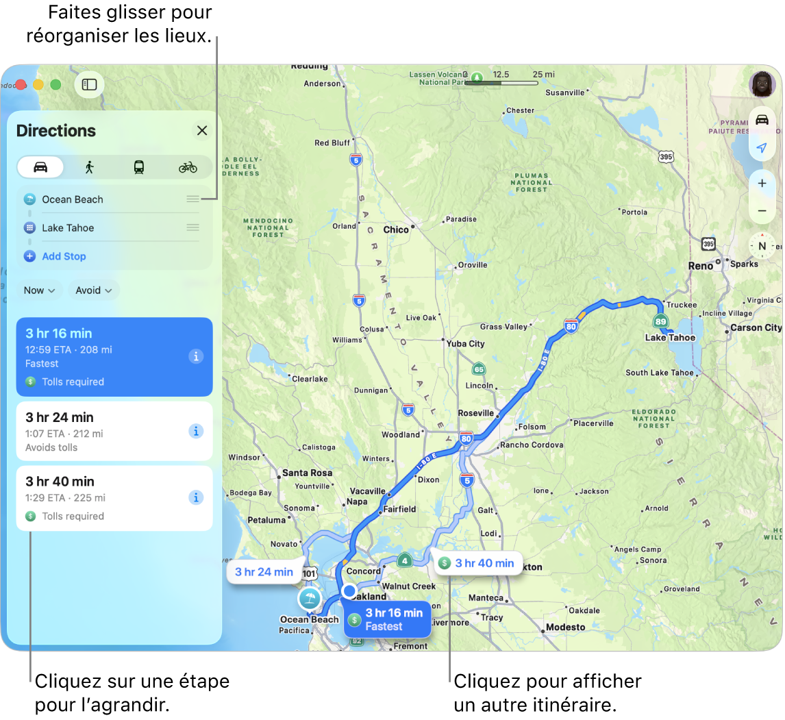 Un plan de la région de San Francisco avec un itinéraire en voiture entre deux endroits. Des itinéraires secondaires sont aussi affichés sur le plan.