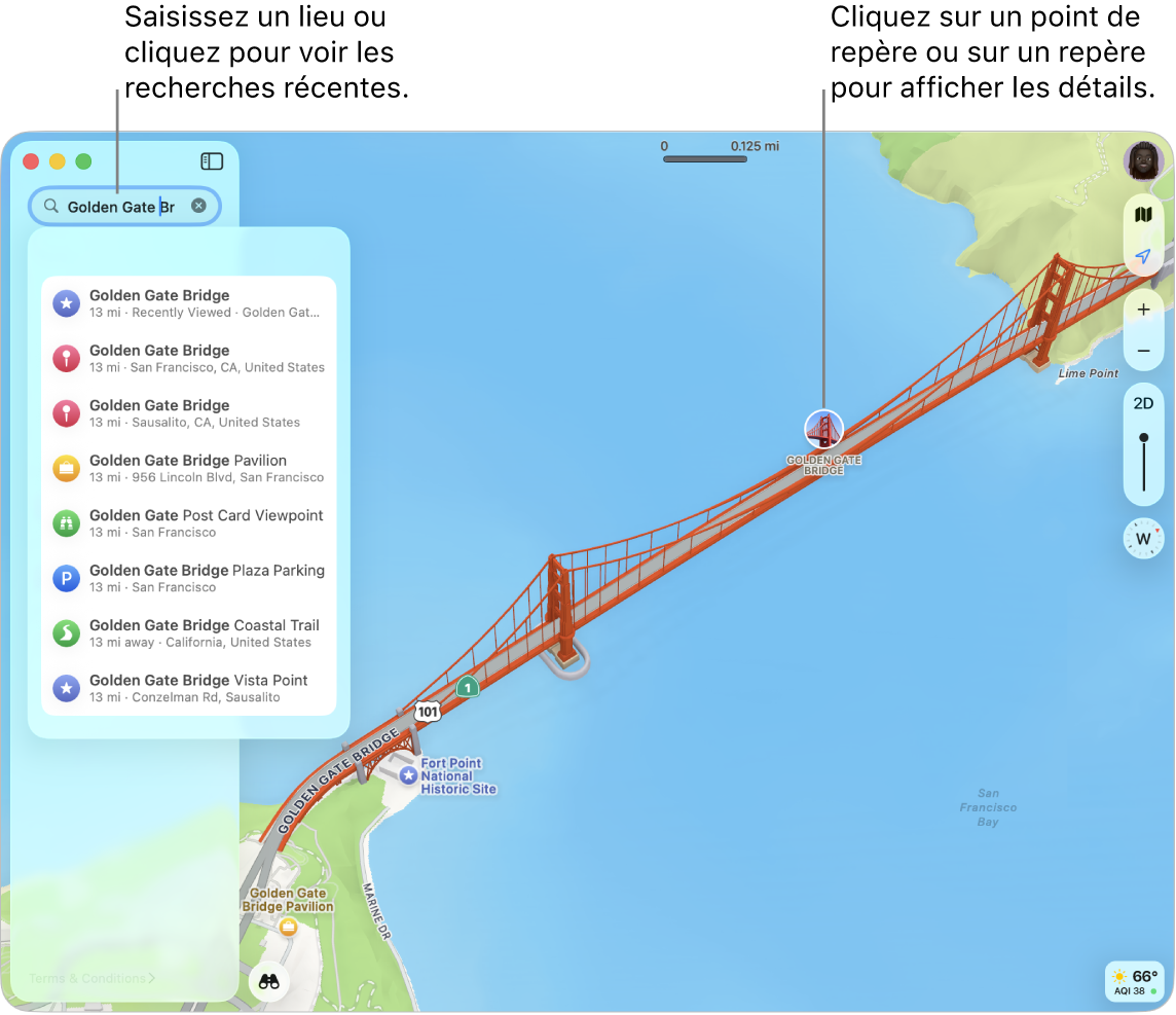 Saisissez un lieu dans le champ de recherche ou cliquez dessus pour afficher les recherches récentes. Cliquez sur un point de repère ou sur un repère pour afficher des détails.