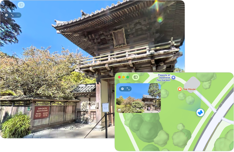 サンフランシスコの現地の観光名所のインタラクティブな360°表示。右下隅に3D地図が表示されています。