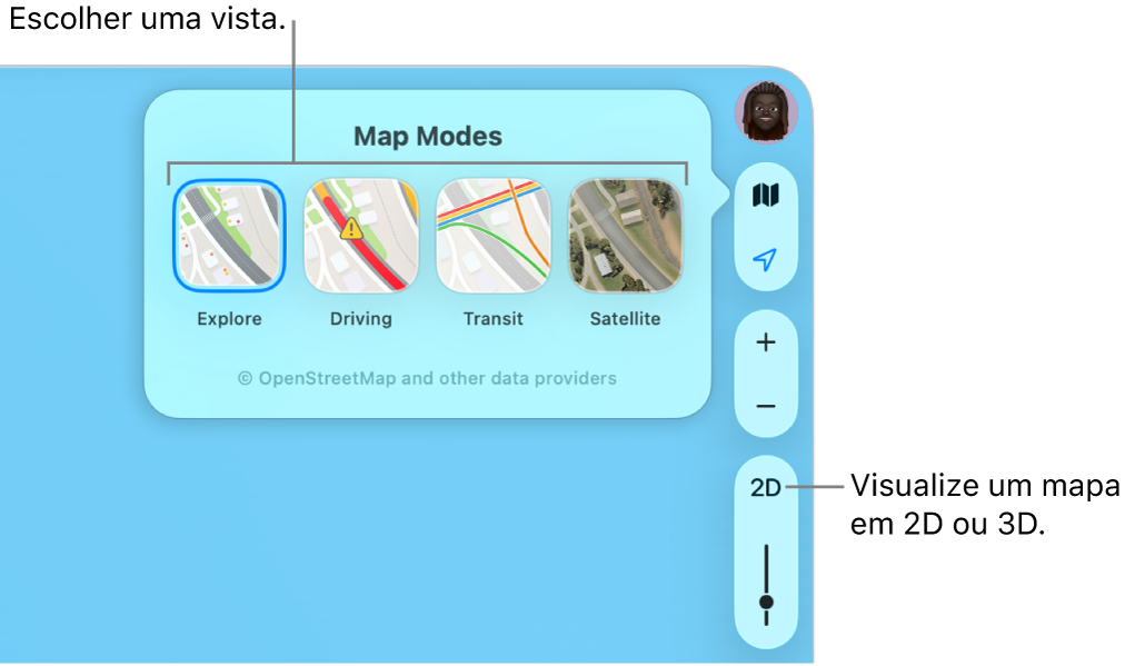 O botão Mapa foi clicado e quatro visualizações de mapa estão disponíveis: Explorar, De carro, Transporte público e Satélite.