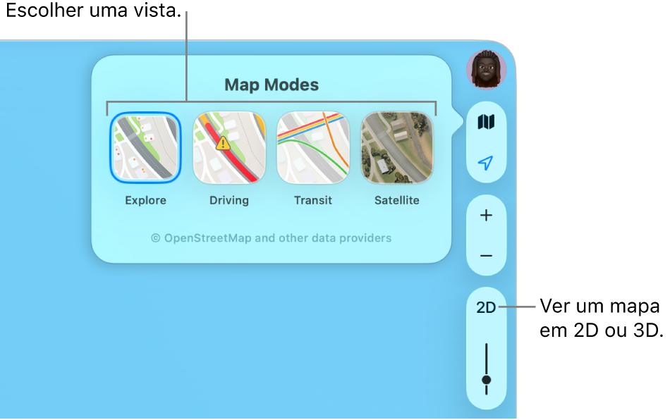 O botão Mapa foi clicado e estão disponíveis quatro vistas de mapa: “Explorar”, “De carro”, “Transportes públicos” e “Satélite”.