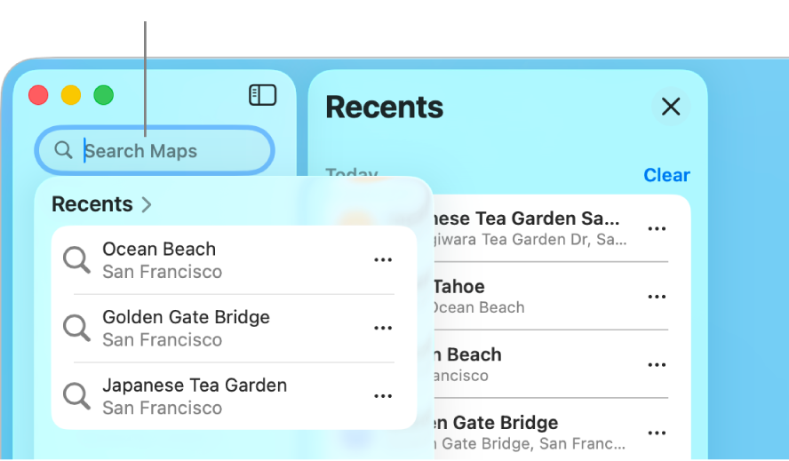 Trường tìm kiếm ở phía trên bên trái, với một vài tìm kiếm gần đây được hiển thị bên dưới.
