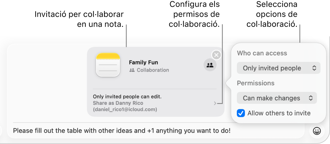Primer pla del camp de missatge de text a la part inferior de la conversa de l’app Missatges. Hi ha una invitació per col·laborar en una nota. Pots fer clic al costat dret de la invitació per configurar els permisos de col·laboració.