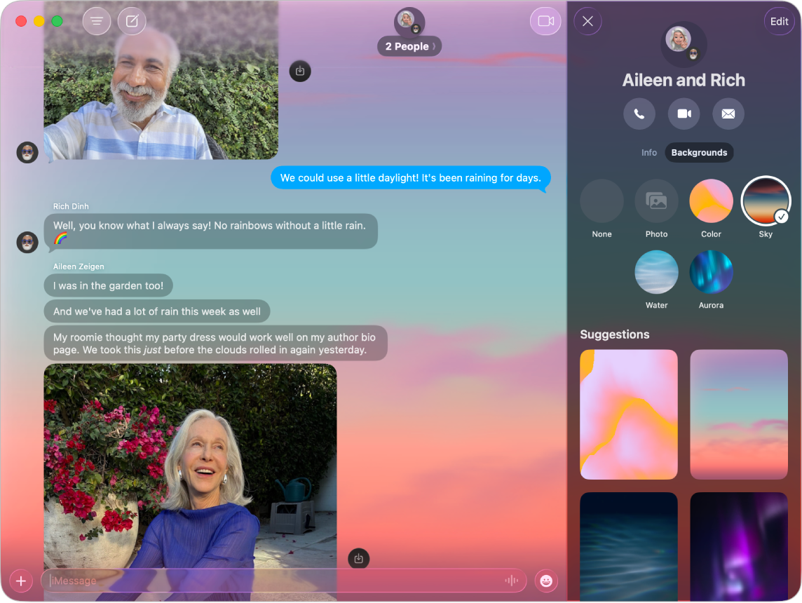 Una conversa a l’app Missatges amb un fons de cel a l’alba.
