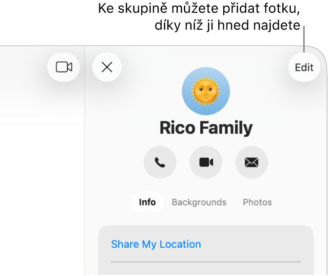 Skupinová konverzace v zobrazení Informace, které uvidíte po kliknutí na ikonu kontaktu nebo skupiny nad konverzací, s ikonami členů skupiny a názvem skupiny. Pod názvem skupiny jsou tlačítka k zahájení audiohovoru či videohovoru FaceTime nebo k odeslání e-mailu skupině Pod nimi je tlačítko, kterým lze změnit název a fotku skupiny