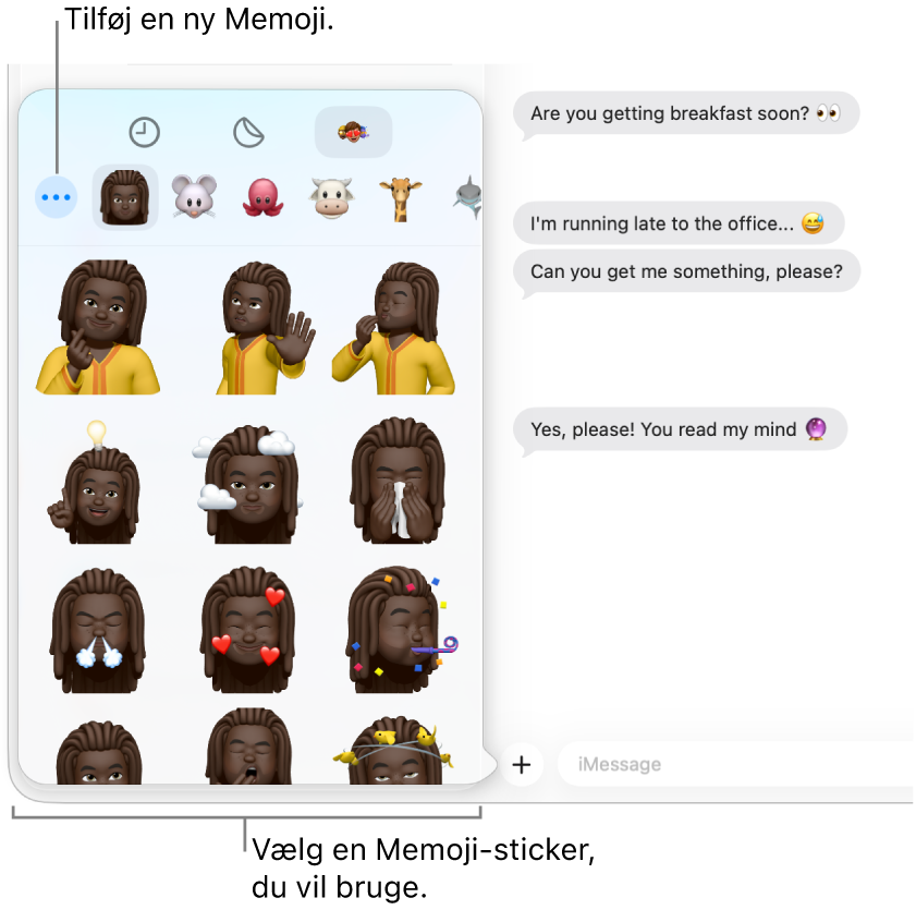 Vinduet Beskeder med flere samtaler i indholdsoversigten til venstre og en udskrift til højre. Når du vælger Memoji-stickere med knappen Apps, kan du vælge den Memoji-sticker, du vil bruge, eller oprette en ny Memoji.