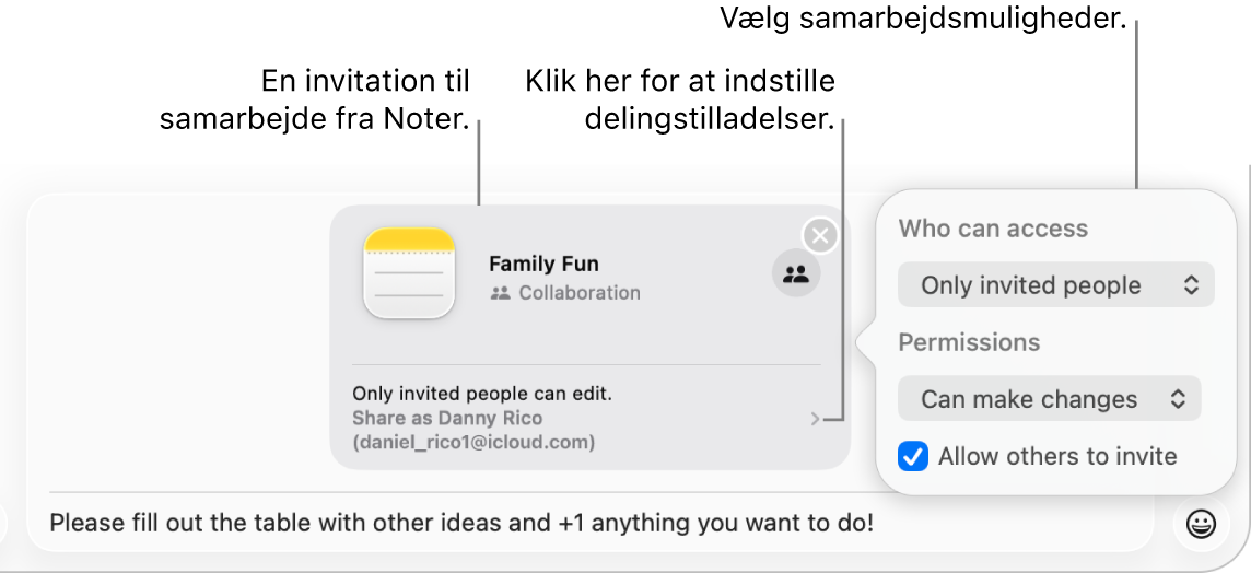 Et nærbillede af tekstbeskedfeltet nederst i samtalen i Beskeder. Der er en invitation til at samarbejde om en note. Du kan klikke i højre side af invitationen for at indstille tilladelser til samarbejde.