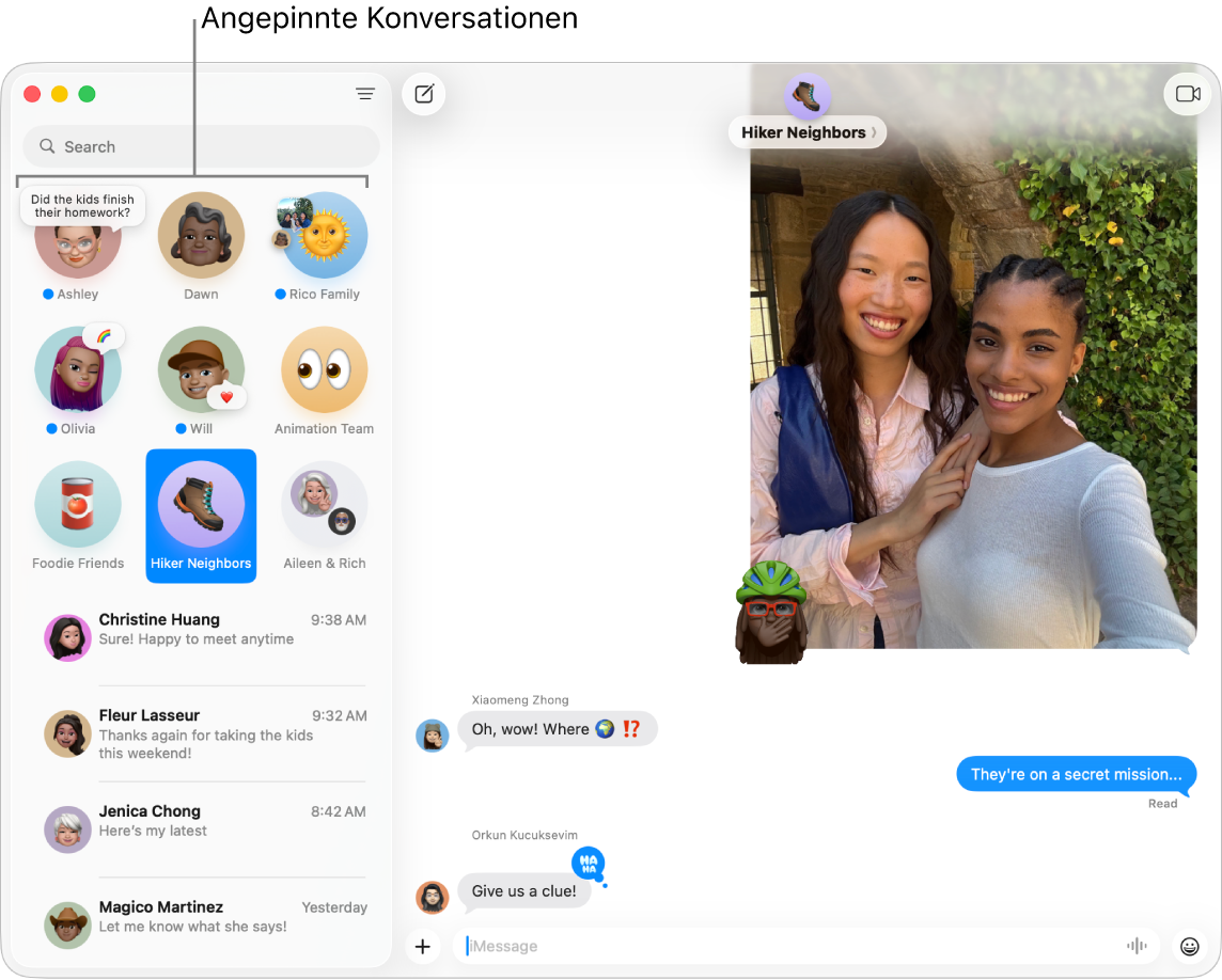 Die App „Nachrichten“ mit mehreren angehefteten Konversationen auf der linken Seite des Fensters.
