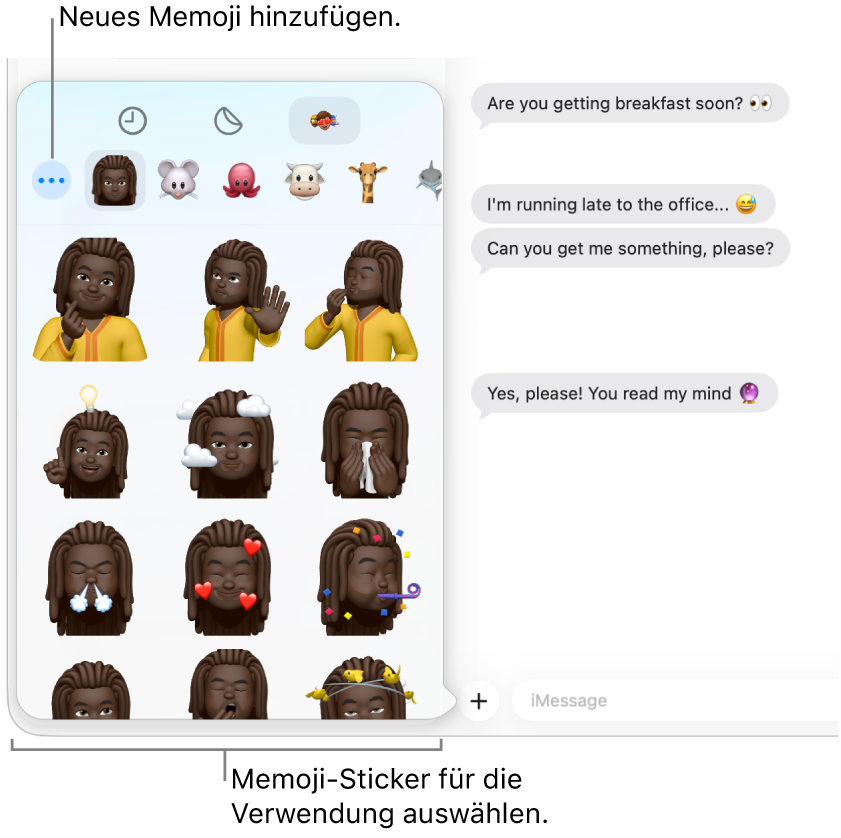 Im Fenster „Nachrichten“ sind mehrere Konversationen links in der Seitenleiste aufgelistet und rechts ist ein Protokoll zu sehen. Beim Auswählen von Memoji-Stickern über die Taste „Apps“ kannst du den zu verwendenden Memoji-Sticker wählen oder ein neues Memoji erstellen.