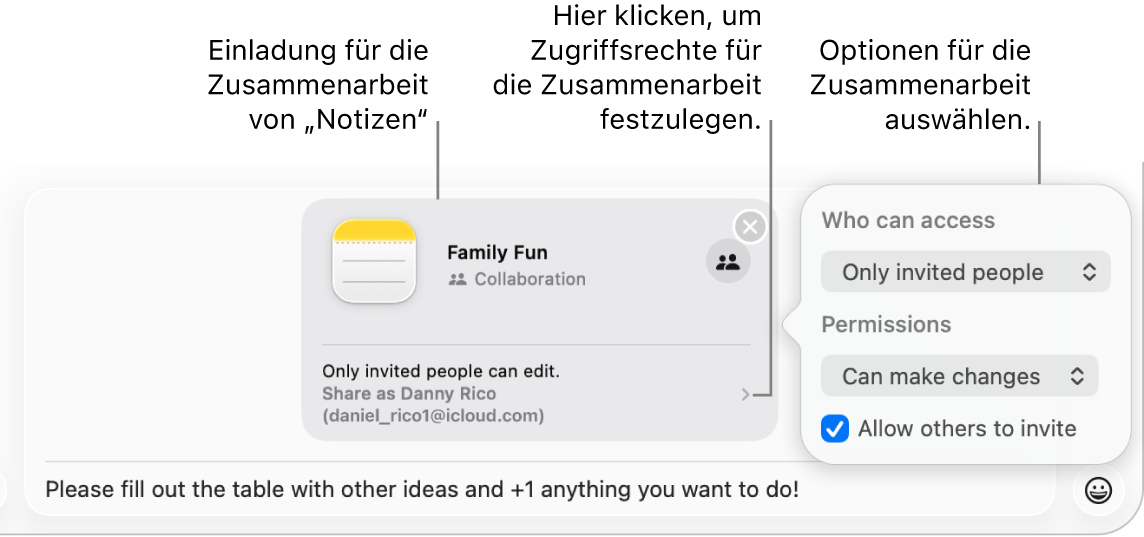 Eine Detailansicht des Textnachrichtenfeldes am unteren Rand einer Konversation in der App „Nachrichten“. Es gibt eine Einladung, an einer Notiz mitzuarbeiten. Du kannst auf die rechte Seite der Einladung klicken, um die Berechtigungen für die Zusammenarbeit festzulegen.