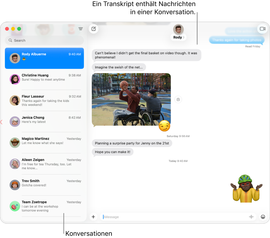 Das Fenster der App „Nachrichten“ mit Konversationen in der Seitenleiste und dem Protokoll mit den Nachrichten der Konversation.