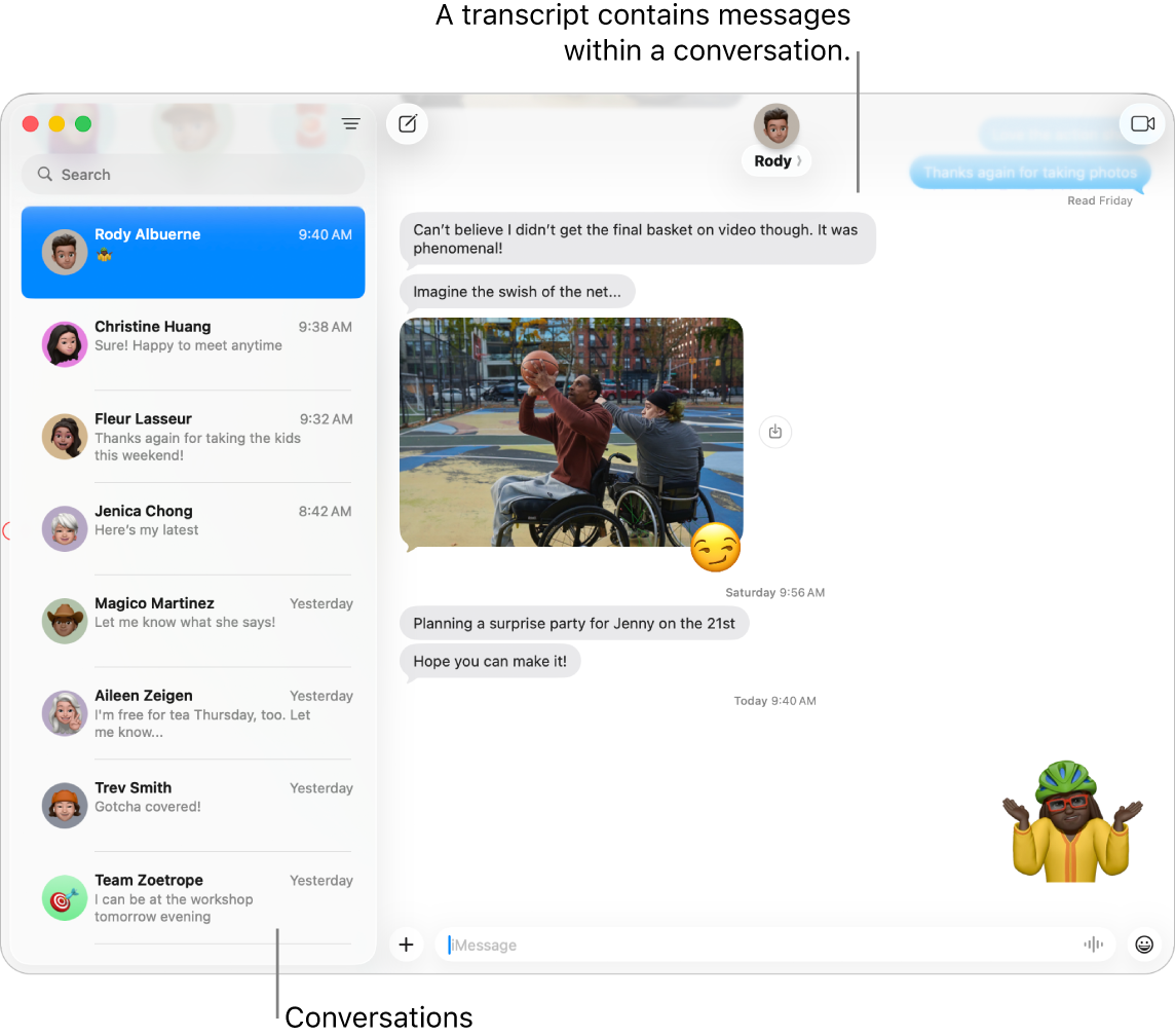 The Messages window with conversations in the sidebar and the transcript containing the messages within the conversation.